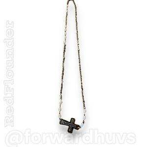 Gold Tone Cross Necklace with Simulated Pearl